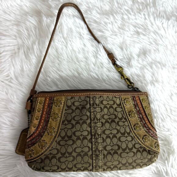 COACH Brown Signature Stub Suede Canvas Wristlet - Picture 1 of 9